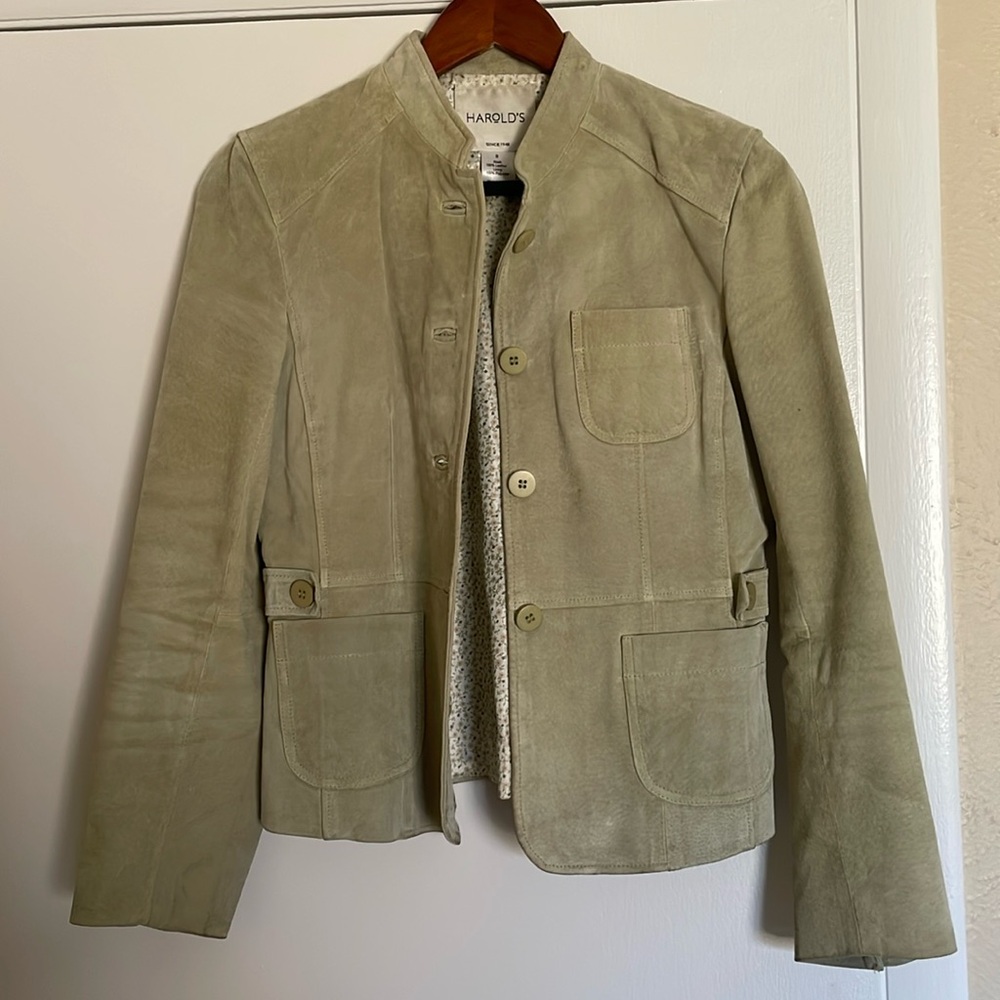 Harold’s light green leather jacket with floral lining, size small